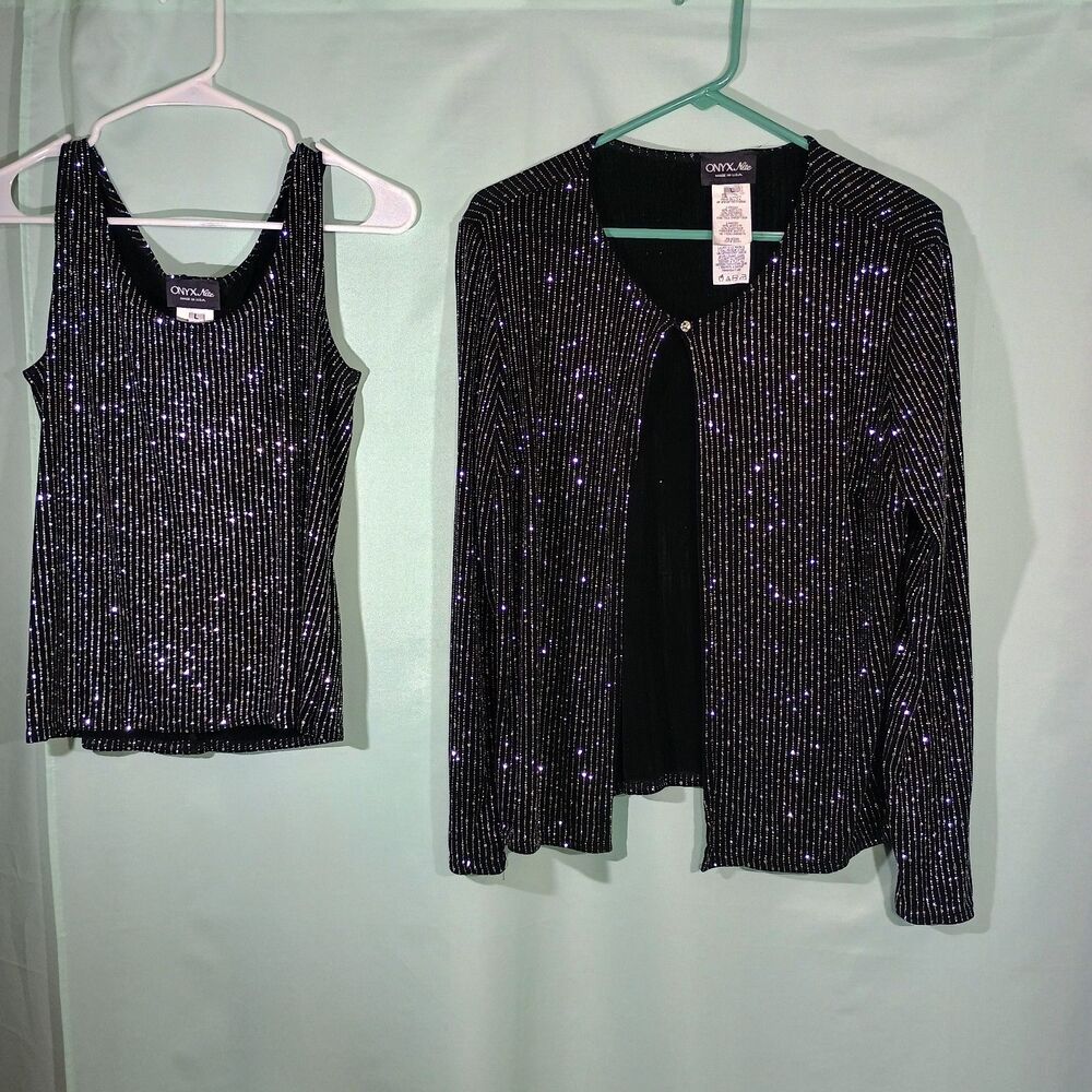 Onyx Nite 2 Piece Sequin Set Tank Top & Cardigan Black Sparkly Evening Party top
